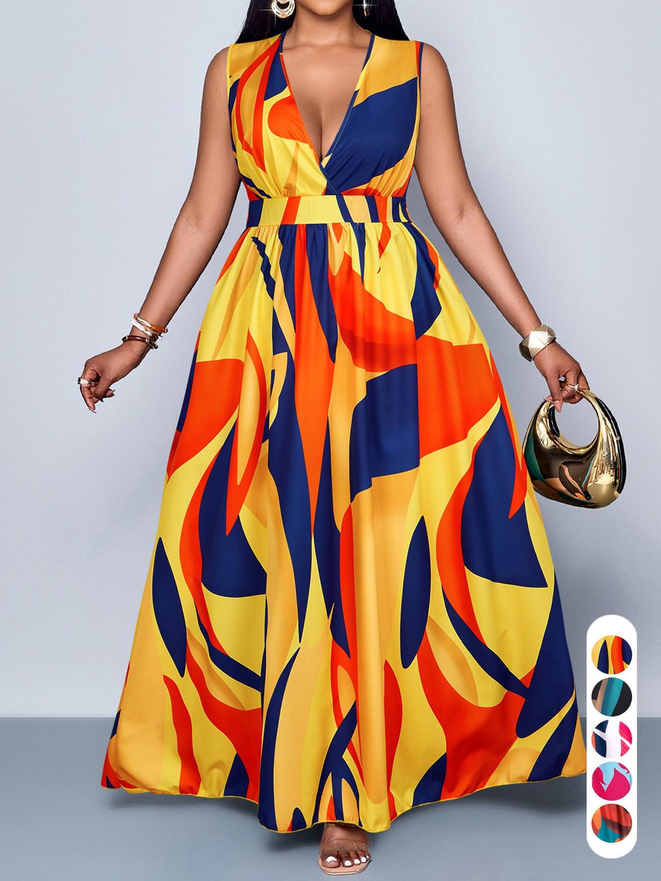 Plus Size Women's Elegant Casual Boho Chic Summer Plant Print V-Neck Sleeveless High Waist A-Line Dress for Leisure, Vacation & Outdoor loose fit fashion forward special occasion oversized Plus Size Women's Elegant Casual Boho Chic Summer Plant Print V-Neck Sleeveless High Waist A-Line Dress for Leisure, Vacation & Outdoor loose fit fashion forward special occasion oversized