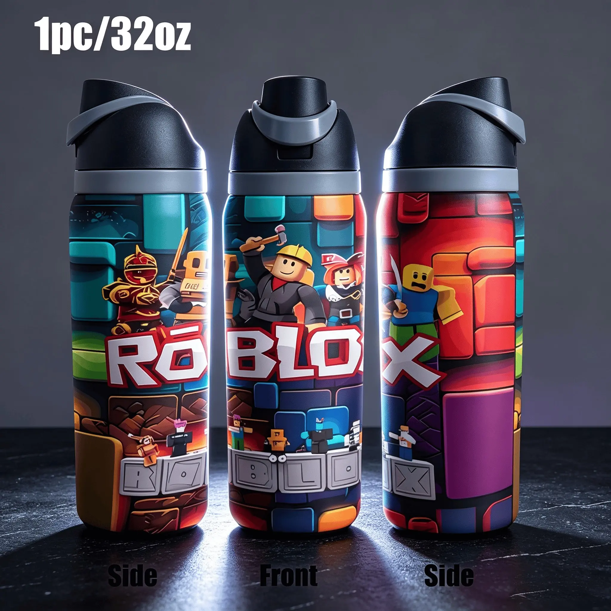 1pc 20/32oz Roblox Game Character 2D Print Vacuum Insulated Water Bottle, Large‑Capacity Stainless Steel Sports Thermos With Carry Handle, Double‑Wall Leakproof Drink Cup, Heat‑Cold Retention, Birthday Gift For Young Gamers
