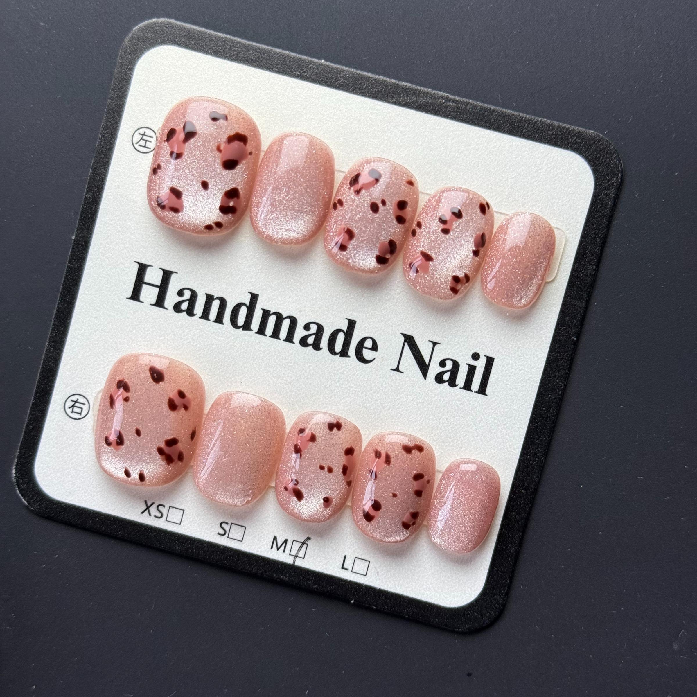 Luxury Nail Freedom! Nude Pink Cat Eye Exquisite Hand-Painted Leopard Print Press On Fake Nails, Reusable, Get Baddie Nails In 5 Mins, No Salon Needed