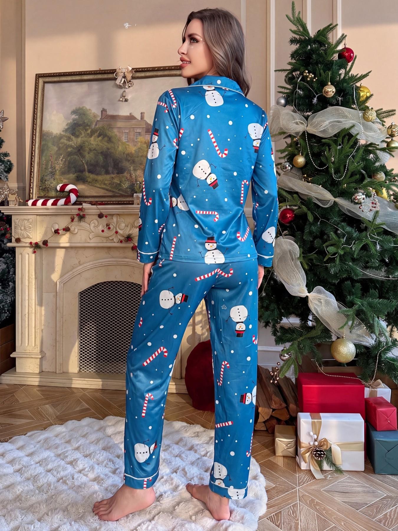 Women's Christmas Pajama Set, Casual Loose-Fit Long Sleeve Top & Pants, Fashionable Collared Home Wear, Fall & Winter Sleepwear