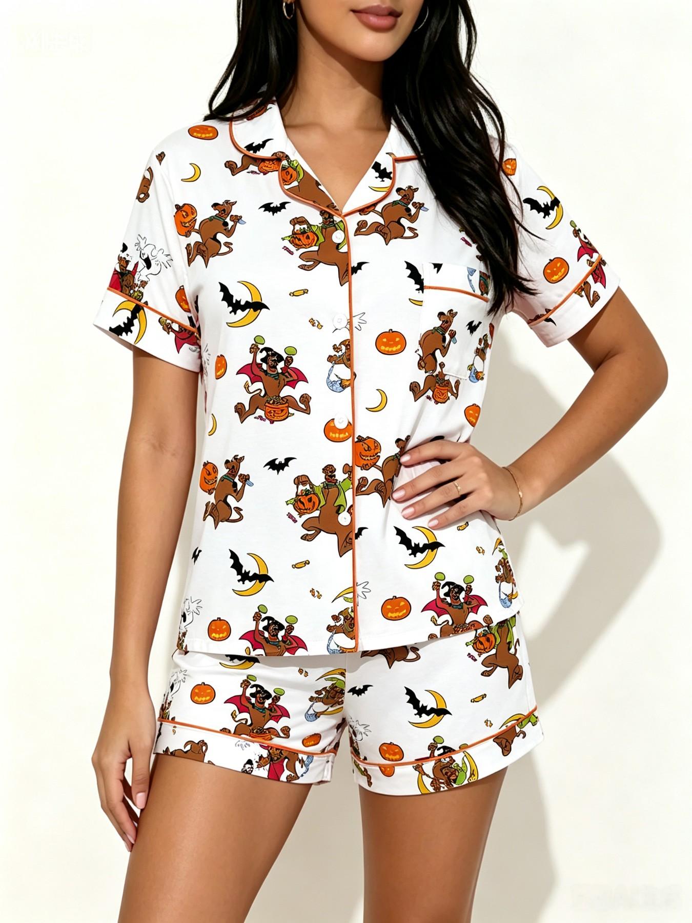 Halloween Dog Print Pajama Set for Teens, Soft Breathable Short Sleeve Top & Shorts, Casual Loose-Fitting Sleepwear, Fun Gift Idea