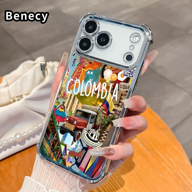 Phone Case Compatible With iPhone 18 Pro Max 17 16 15 Plus Air 14 13 12 11 E Colombia's vibrant charm Pattern Clear Protective Four Corners Air Cushion Anti-drop Premium Plated Cover