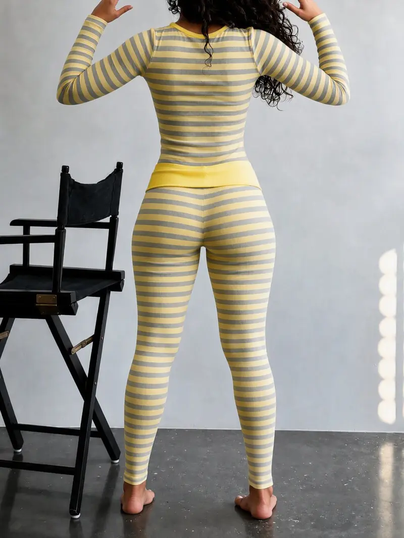 Women's slim-fit striped pajama set with long sleeve top and fold-over waist pants – image 3