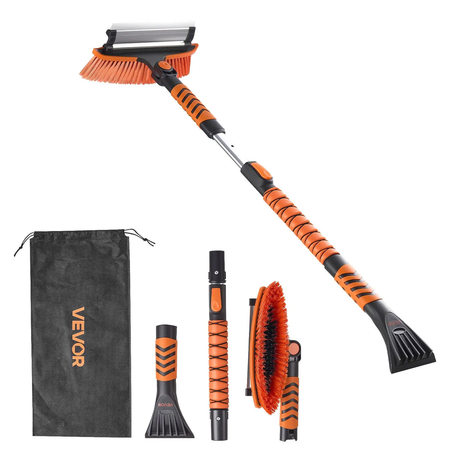 VEVOR Car Snow Brush, 3-in-1 Snow Remover for Car Windshield - with 180 Pivoting Brush Head, Squeegee Ice Scraper, 34.3"-42.1" Extendable Aluminum Handle and Foam Grip for Cars, Truck, SUV, RV