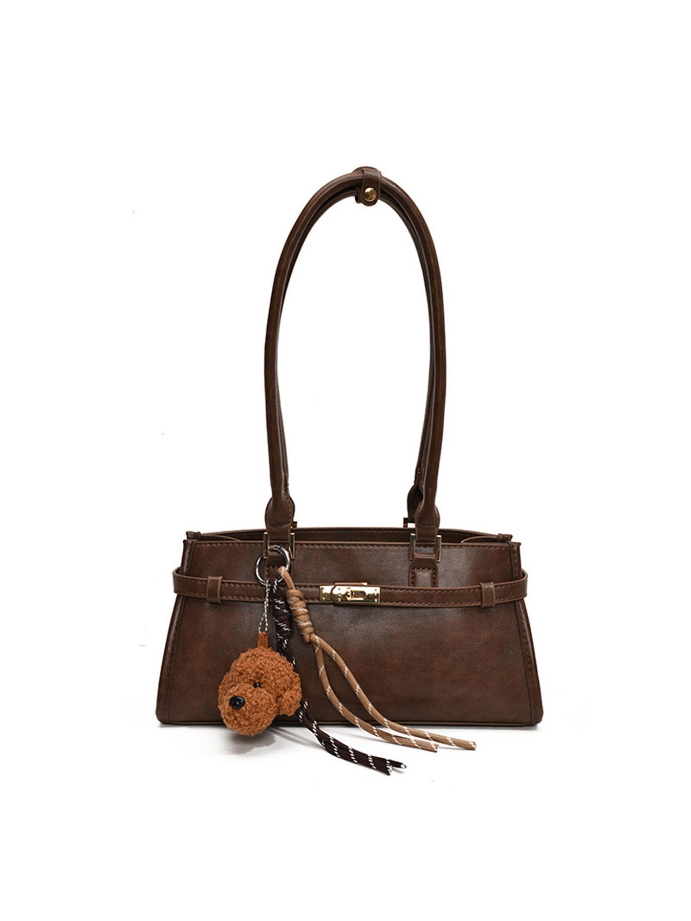 Small niche design solid color casual versatile classic shoulder bag, retro temperament small dog pendant armpit bag, lightweight temperament simple and exquisite handbag, suitable for work, shopping, commuting, daily outings, Pu Leather Bag