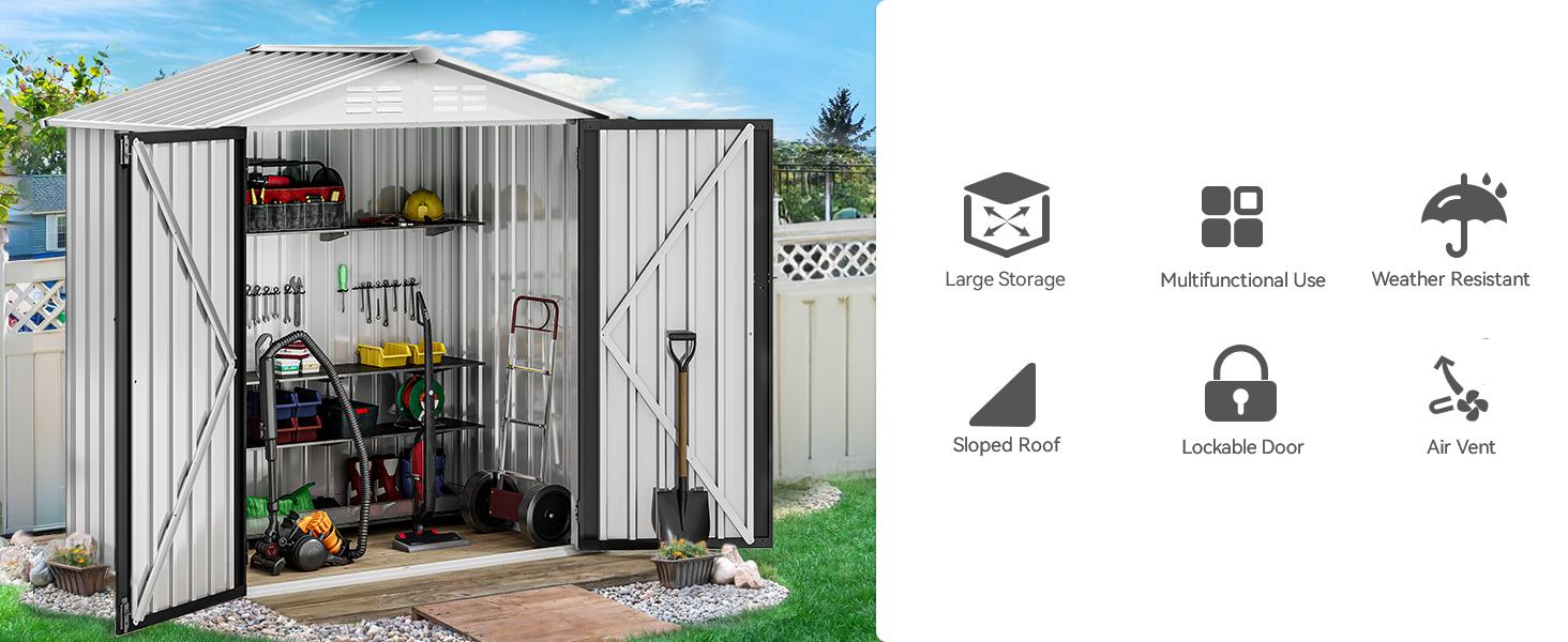 Yitahome 6x4FT Storage Shed for Outdoors, Metal Sturdy Weatherproof Tool Locker with Secure Door and Ventilation for Equipment, Mowers, Bikes, Outdoor Spaces, White