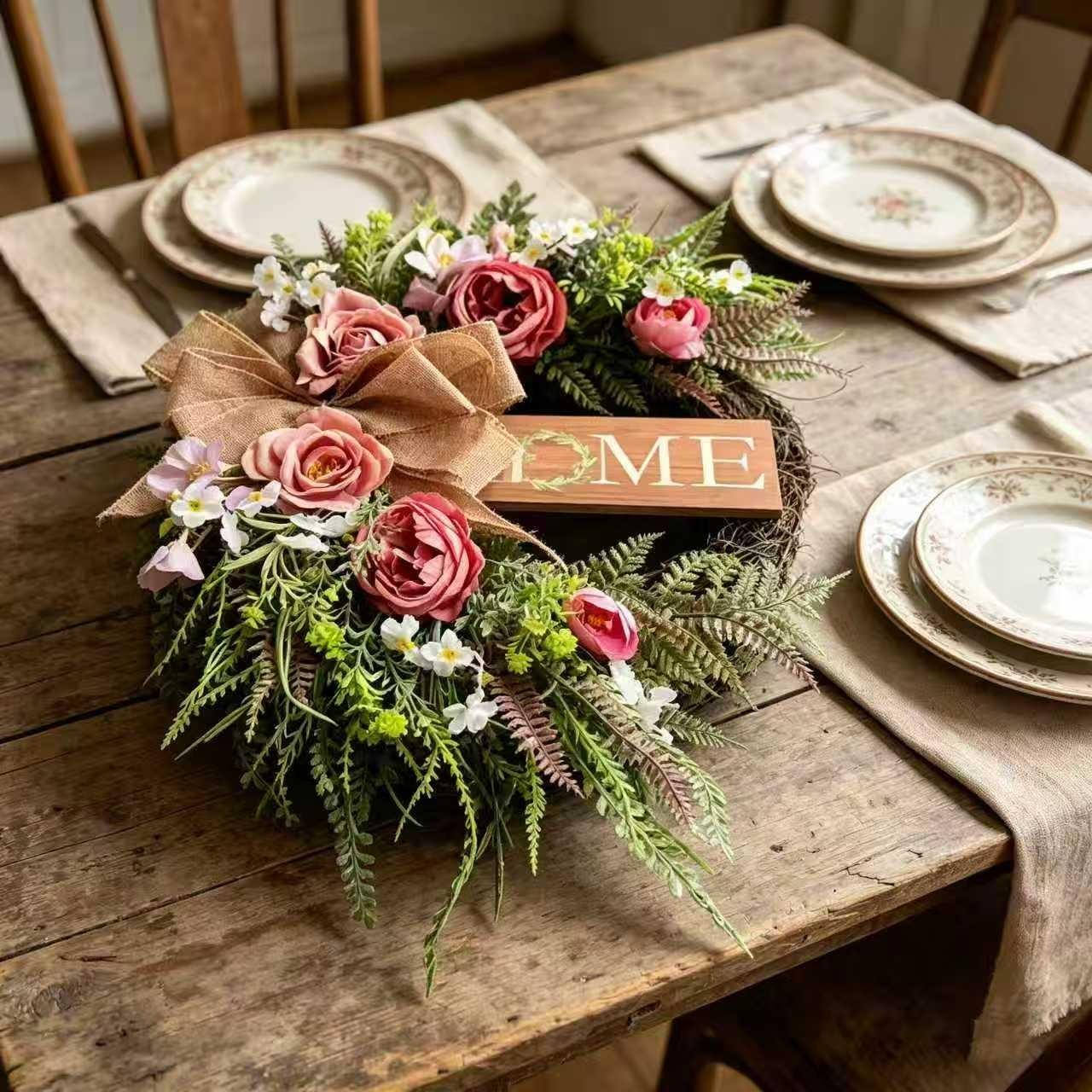 Neutral Color Farmhouse Style Wreath with Peony Flowers, Home Signboard, Hemp Cloth Bow, All-Season Decor for Porch, Living Room, Entryway