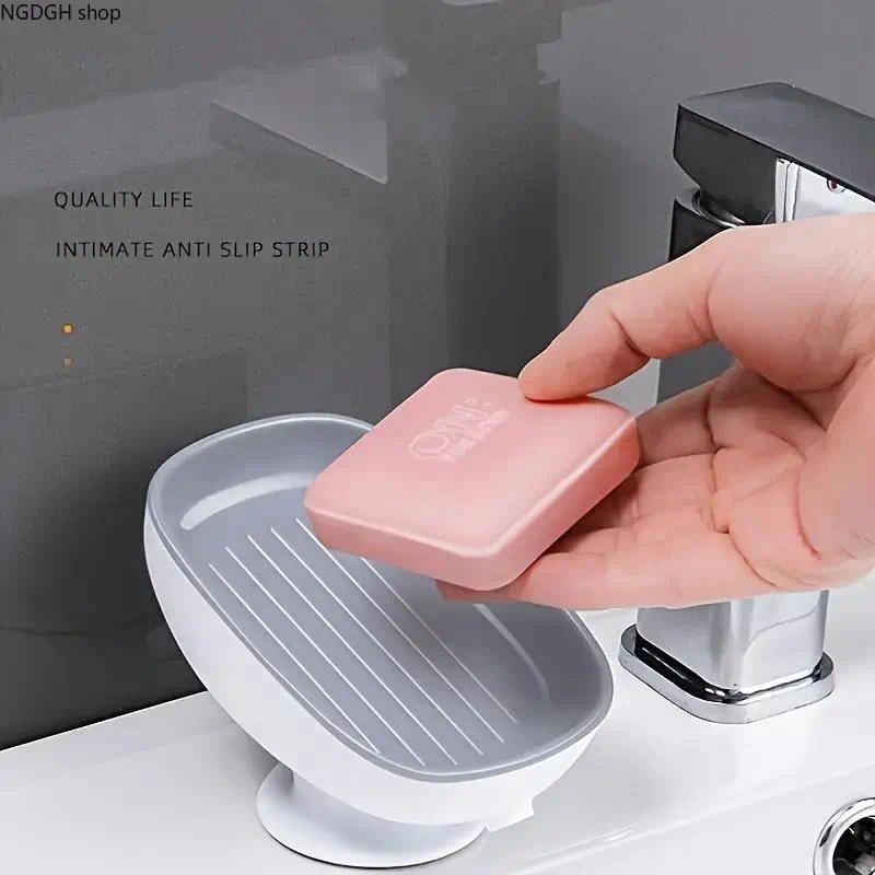 Self-Draining Suction Soap Dish, Pink Anti-Slip Holder with Built-In Spout, Perfect for Sinks & Showers, Keeping Bars Dry & Squeaky Clean Without Soggy Mess or Mildew