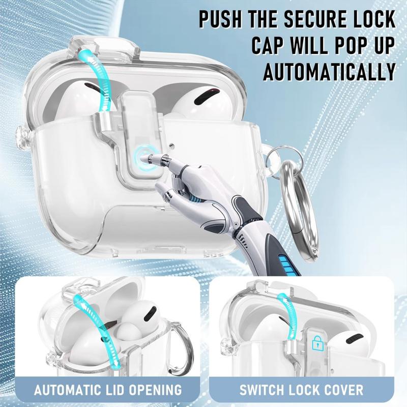 Clear Lock AirPods Case for AirPods 4,AirPods Pro 3 Pro 2 Pro, Heavy Duty Shockproof Protective Cover with Secure Lock, Keychain, Scratch Resistant, Wireless Charging, Case Only,back to school,back to school haul
