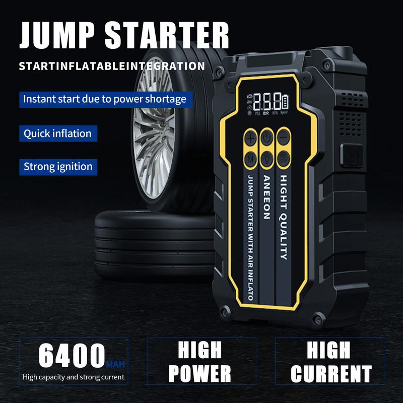 Portable Car Jump Starter (6400mAh / 8000mAh) with Air Compressor, Fast USB Charging and Multiple Safety Protections, Includes Jumper Cables, Car Tool Kit
