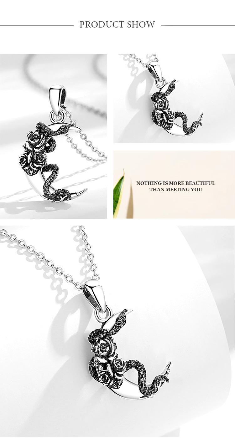 925 Sterling Silver Snake and Moon Pendant Necklace, Gothic Witchcraft Jewelry with Roses, Vintage Jewelry for Women