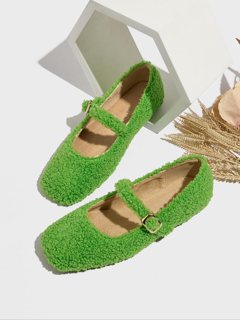 Women's Fashion Flat Square Toe Faux Fur Single Shoe, Retro Style, Comfortable Outdoor Maternity Shoes, Spring & Fall, Furry Shoes