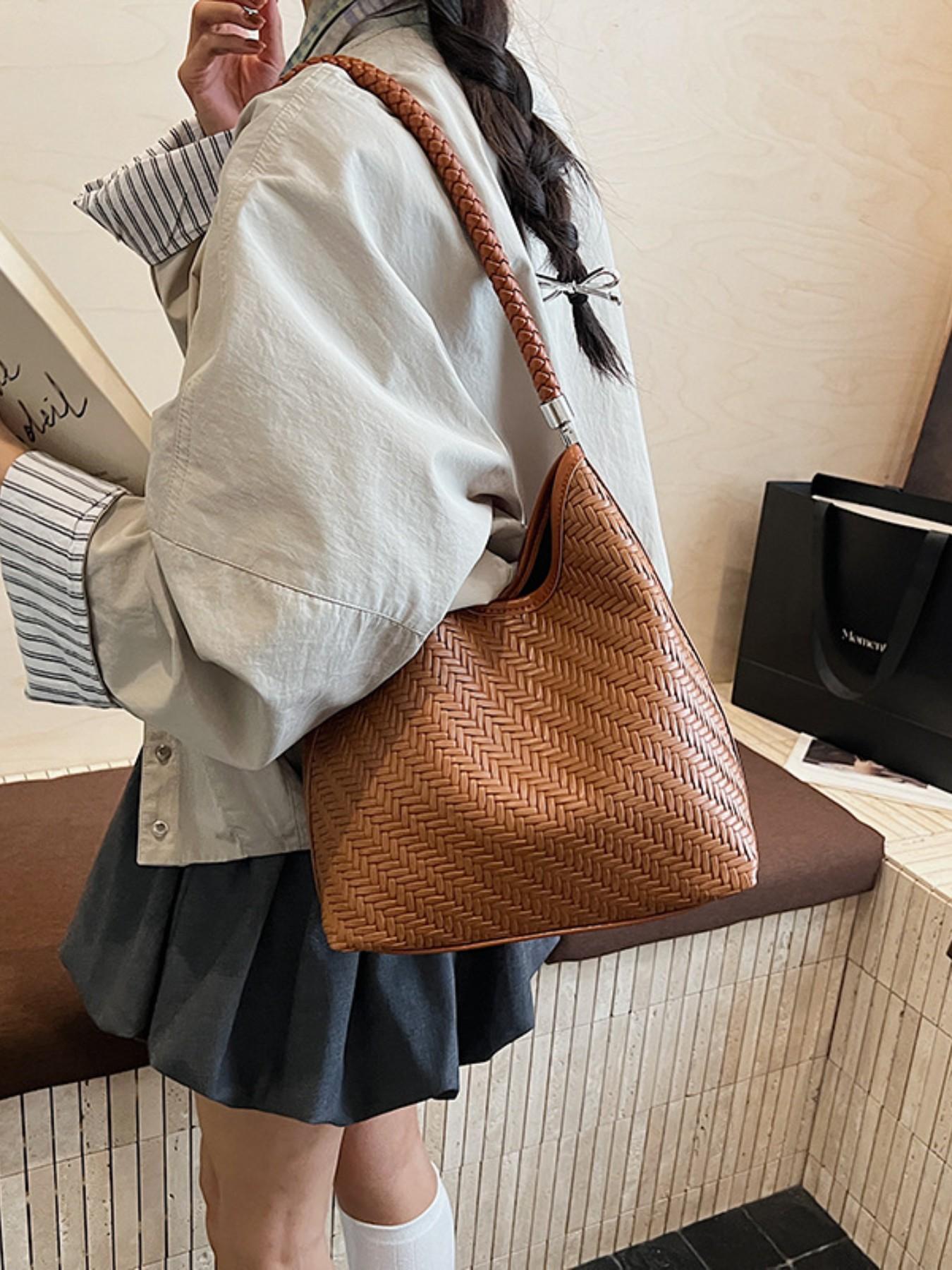 New Minimalist Woven Bucket Bag, Large Capacity Casual Lazy Style Shoulder Tote, Trendy Fashion Accessory for Everyday Use