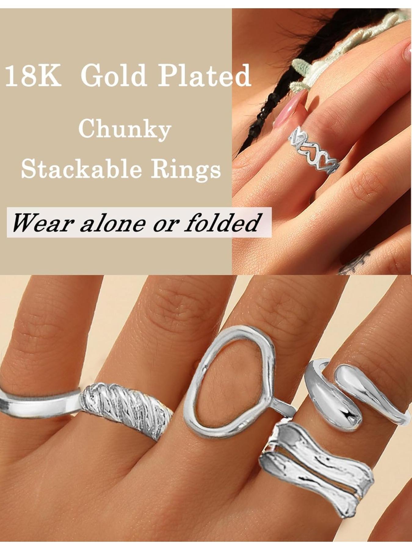 12 Pcs Stacked Rings Set, 18k Gold Plated, Open Jump Ring, Heart Pattern, Casual Style, All Seasons, Sizes 4-9, Silver Color