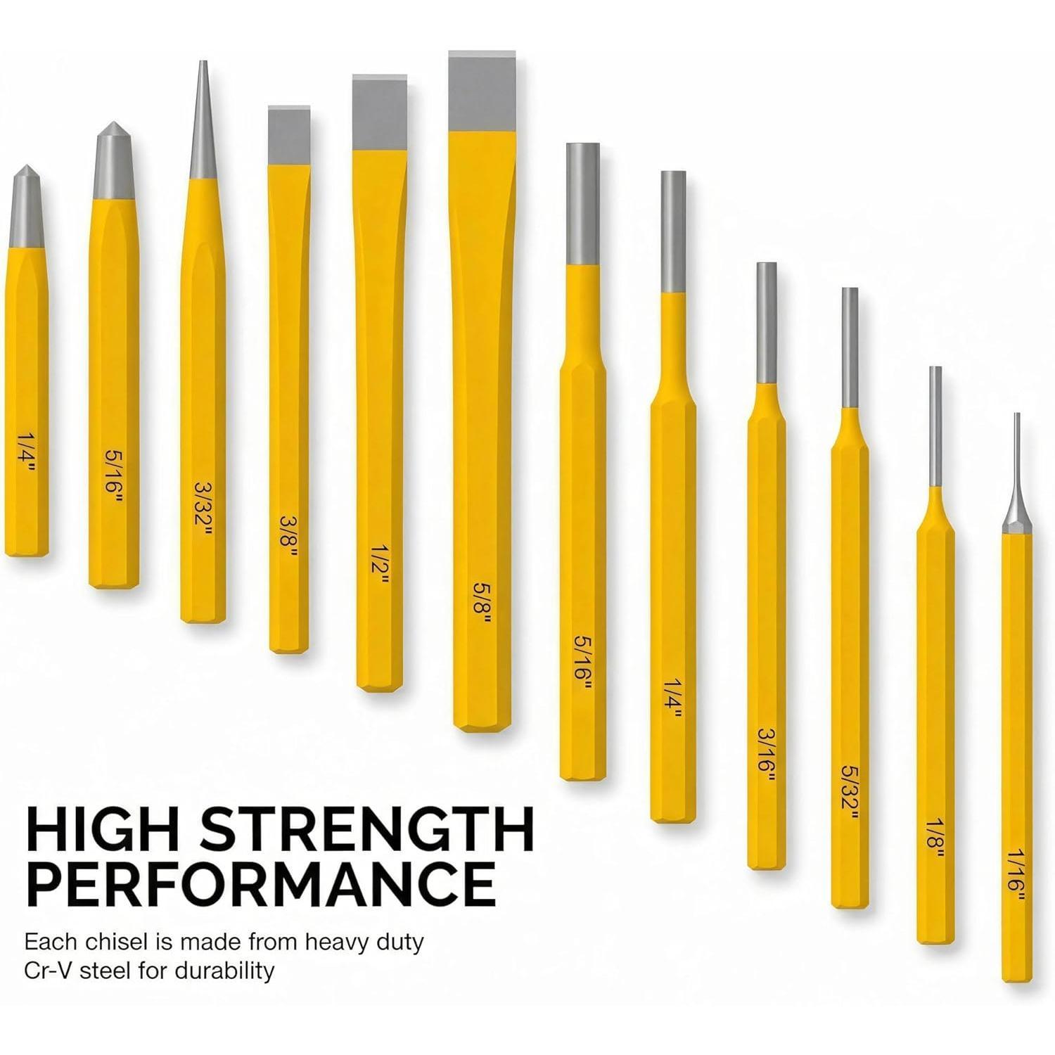 12- Punch and Chisel Set, Including Cold Chisels, Pin Punch, Center Punch