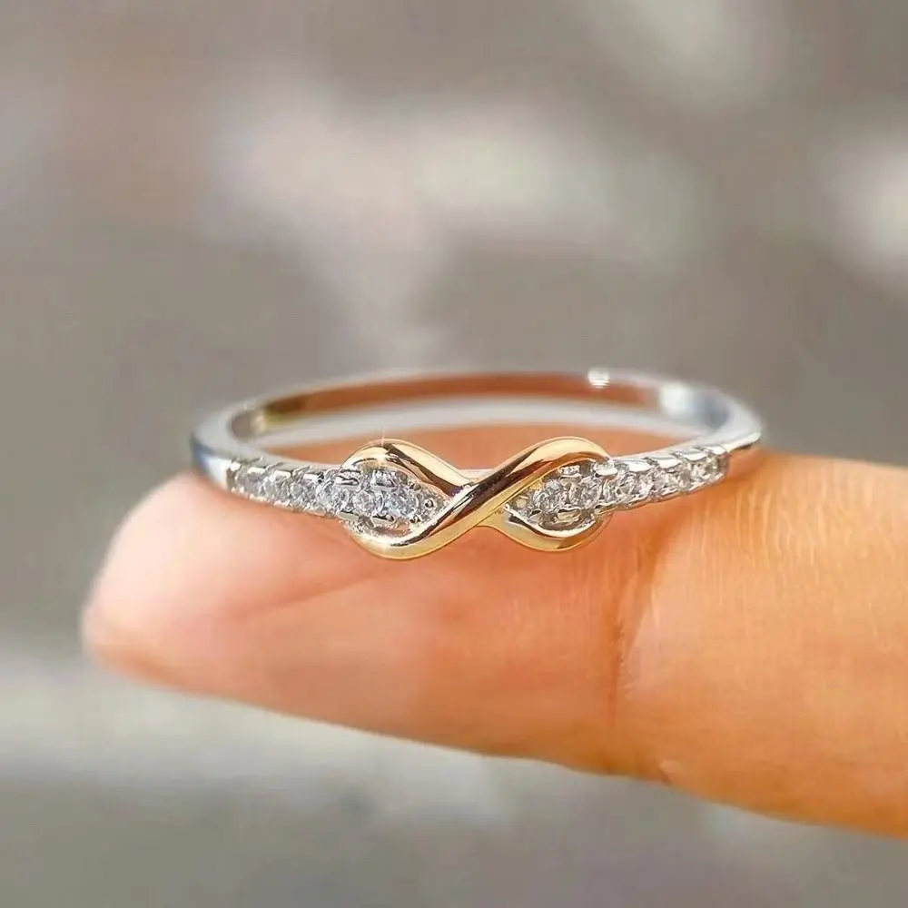 Stamped Female Lucky Number 8 Ring - Sparkling Cubic Zirconia Inlaid, Dainty Slim Band, Elegant Minimalist Fashion Jewelry for Everyday Casual Comfortable Wear, Bag Charm Accessory, Finely Polished, Glamour, Subtle, Rings, Daily Wear, Sparkle