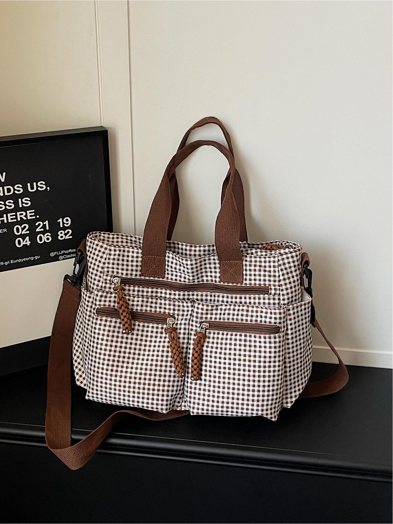 Large capacity plaid multi pocket tote bag, retro street style drawstring design, single shoulder bag, workwear style crossbody bag, adjustable shoulder strap, daily leisure, work, commuting, armpit bag