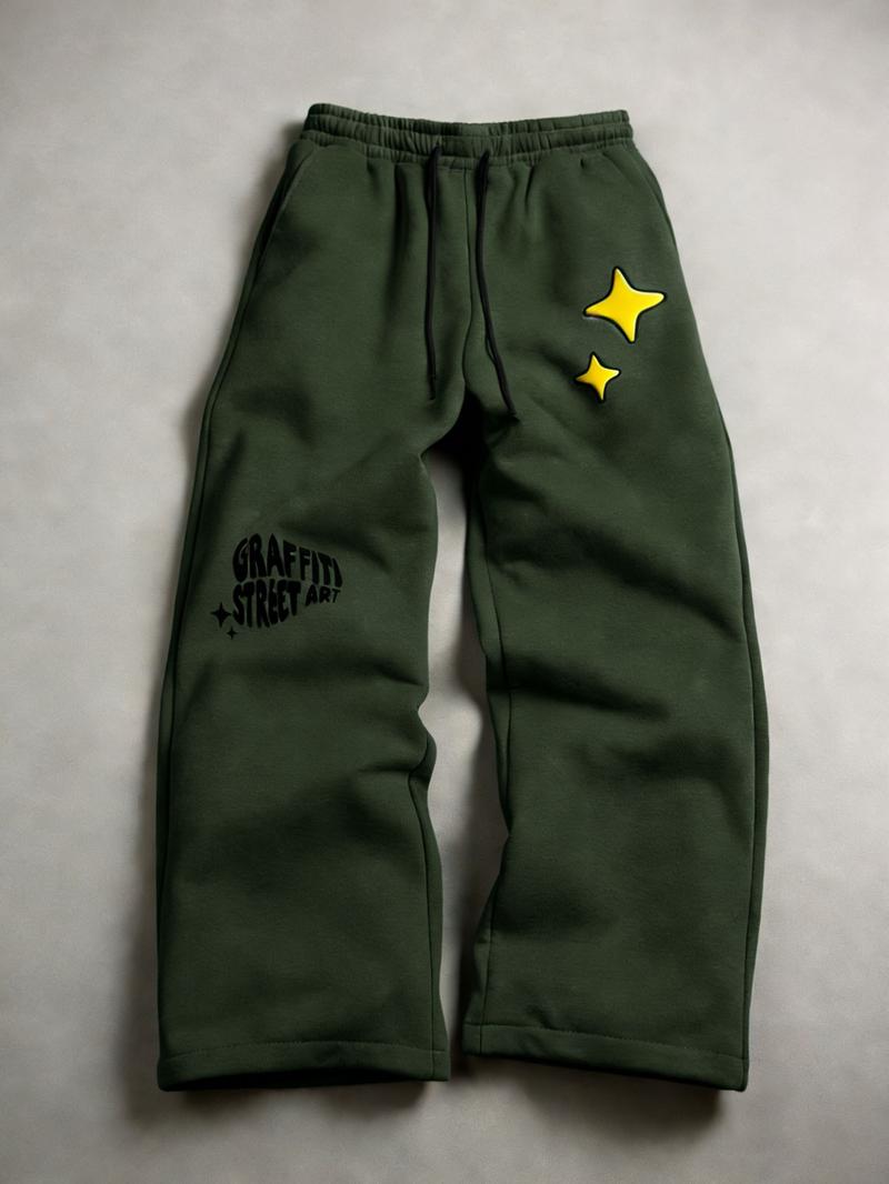 Men's Black "Graffiti Street Art" Star Graphic Wide-Leg Sweatpants - Trending #UrbanStreetStyle, Hot-Selling Fashion Bottoms for Daily/Cool Looks, Must-Have in Men's Apparel with Street Art Aesthetic & Relaxed Silhouette