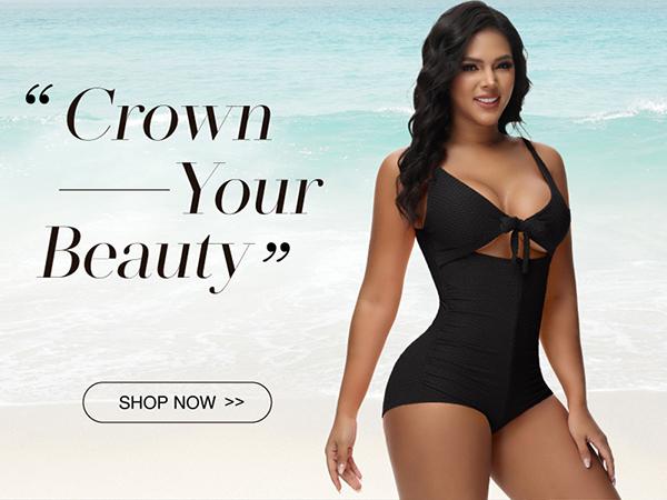 SHAPSHE Women's Tummy Control Swimsuit One Piece Slimming Bathing Suit Cutout Tie Knot Front Push Up Swimwear