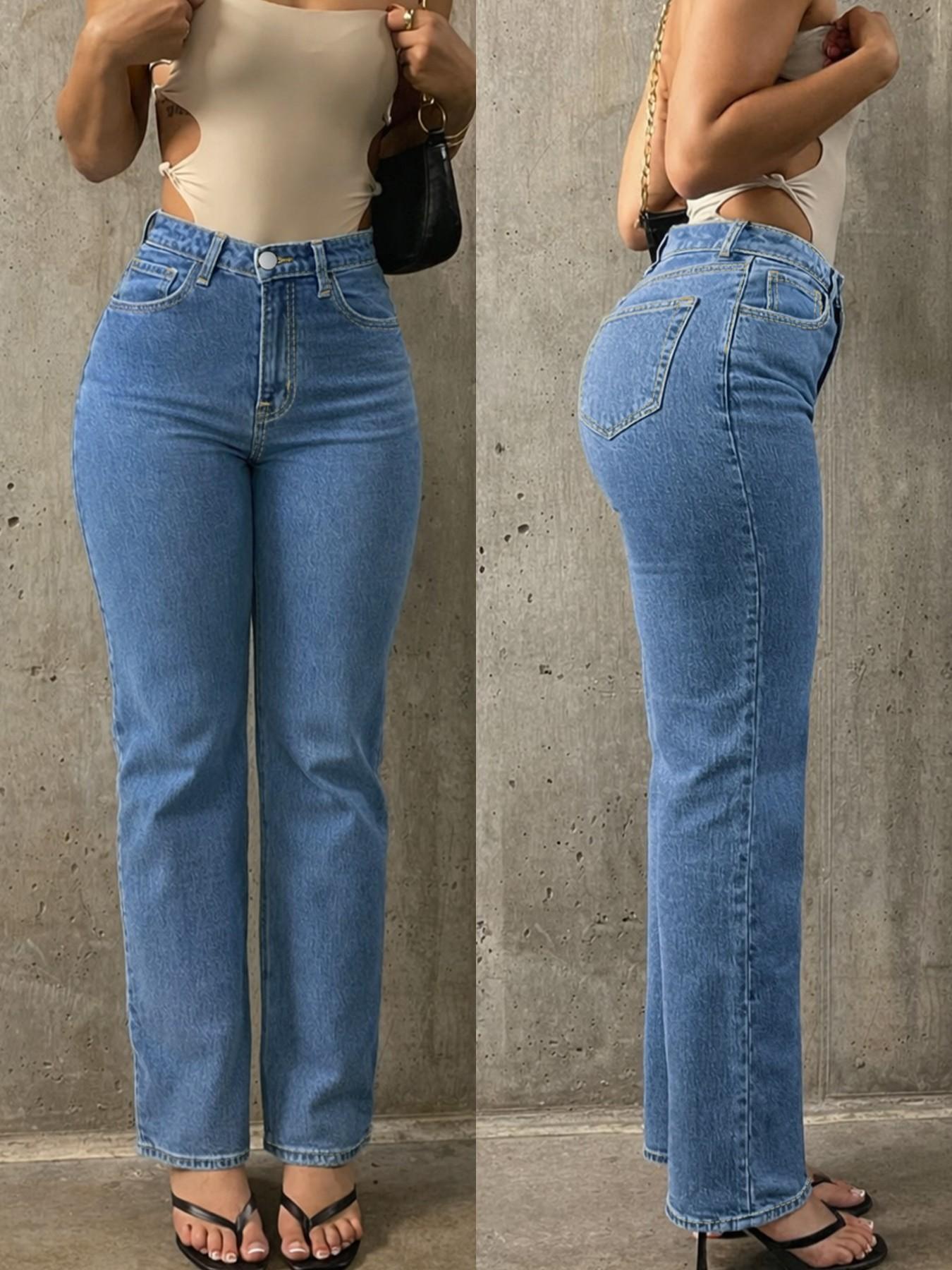 Spring Summer Fashion Casual Fitted Light Blue Denim Straight Leg Pants for Women, Comfortable Elastic Waist Jeans for Daily Wear Womenswear