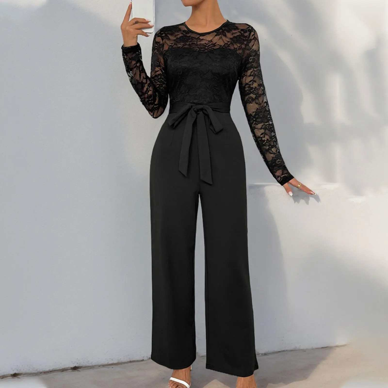 Elegant Lace Long Sleeve Jumpsuit for Women, Belted High Waist Wide Leg Formal Romper, Evening Party Wedding Guest Outfit