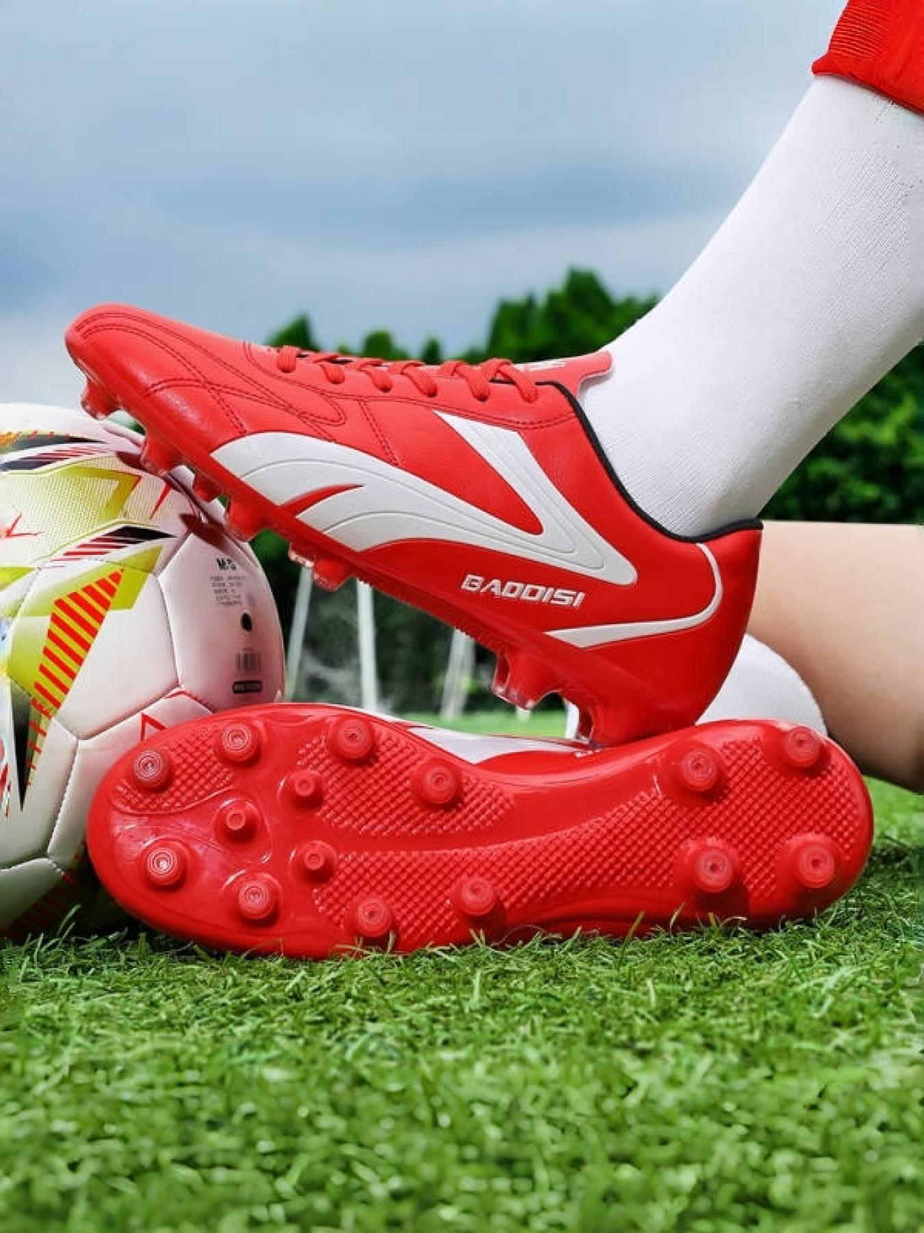 1 Pair Parent-Child White Gold Color Block Long Studs Football Shoes Luxury Competitive Style Leather Material Strong Grip For Parent-Child Football Training And Matches