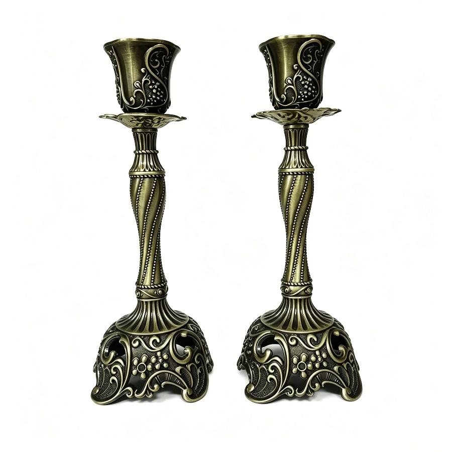 2 Piece Vintage Bronze Candle Holders, 7.4 Inch European Vintage Metal, Centerpiece for Shabbat, Wedding, Christmas, Halloween, Elegant Home Decor
