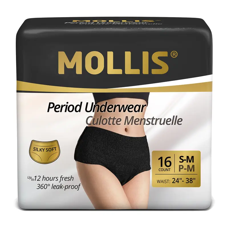 MOLLIS Disposable High-Waisted Period Underwear for Ladies & Women, Heavy Flow Use, 360° Leak-Proof, Breathable Elastic Stretch Fabric, Travel-Friendly, Minimalist Basic Underwear for Women, 8/16 Count Stretchable Womenswear Panties