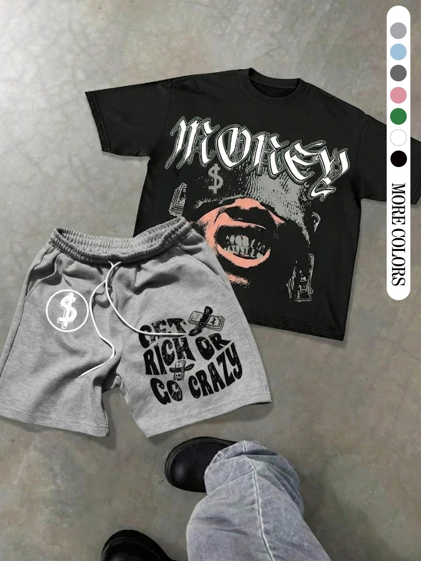 Two-Piece Set Men's Money Print Graphic Short Sleeve Crop Tee & Shorts, Loose Casual Fashion Round Neck T-shirt & Shorts for Daily Outdoor Wear, Men's Clothing for Summer, Menswear