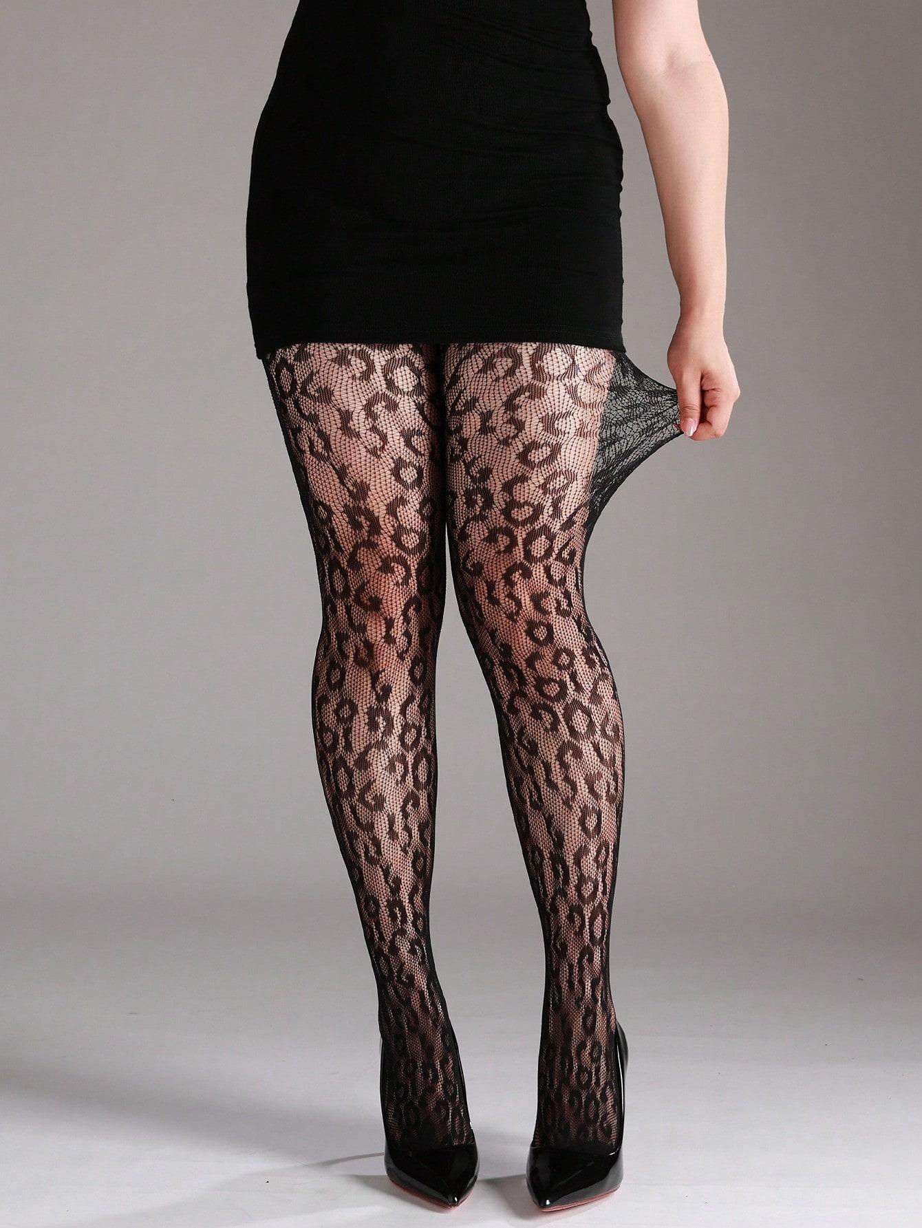 Plus Size High Stretch Leopard Print Fishnet Leggings, Sexy Hollow Net Stockings, Fashionable Halloween Costume, All Seasons