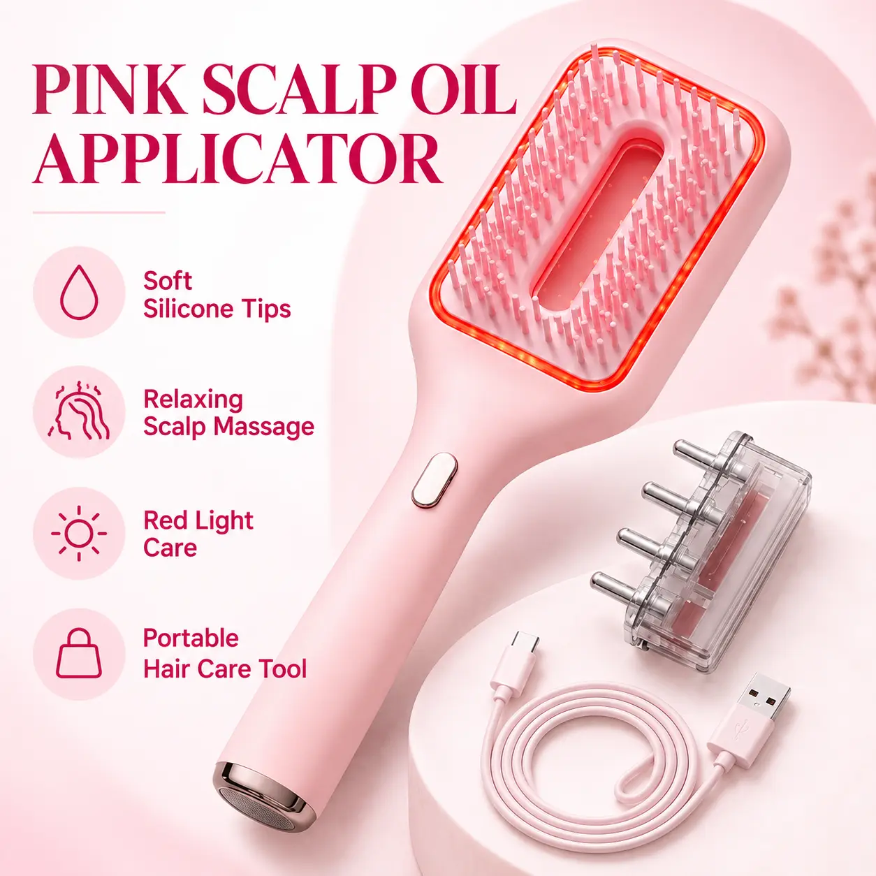 Pink Scalp Oil Applicator Brush with 133 Silicone Massage Bristles, Red Light Therapy and Gentle Vibration Function, Hair Treatment Tool for Even Oil Distribution, Relaxation and Daily Scalp Care