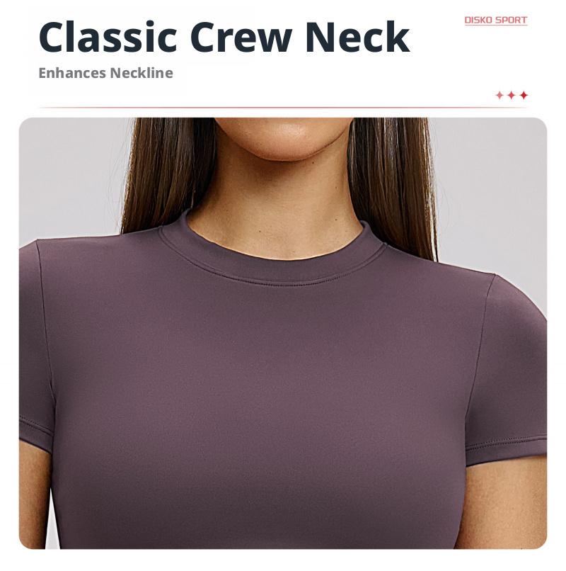 Solid color sports T-shirt, round neck, slim fit, stretchy fabric, suitable for yoga and gym workouts, women's sportswear, sporty style clothing, fitness shirt, workout top, loose-fitting gym shirt