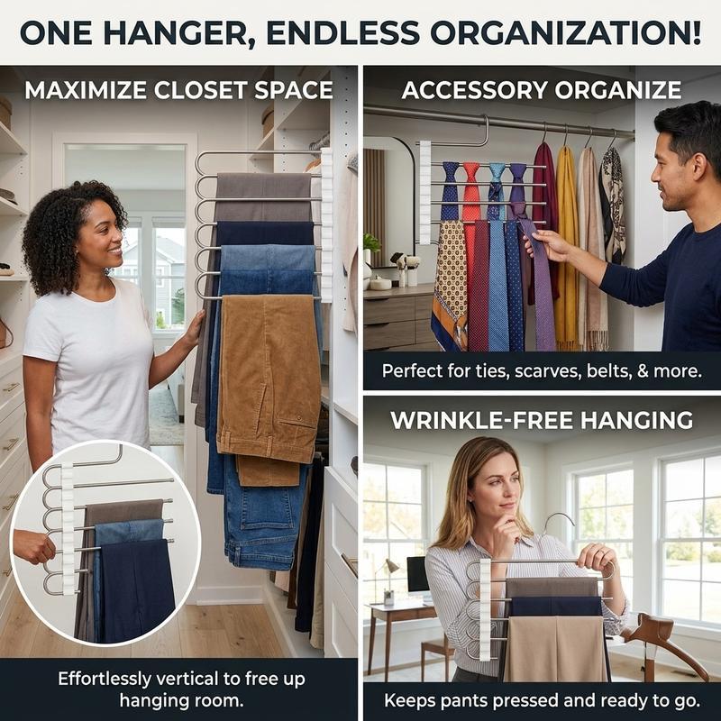 Five layer pants rack multifunctional clothes hanger magic storage rack anti slip stainless steel pants rack saves space wardrobe organizing rack