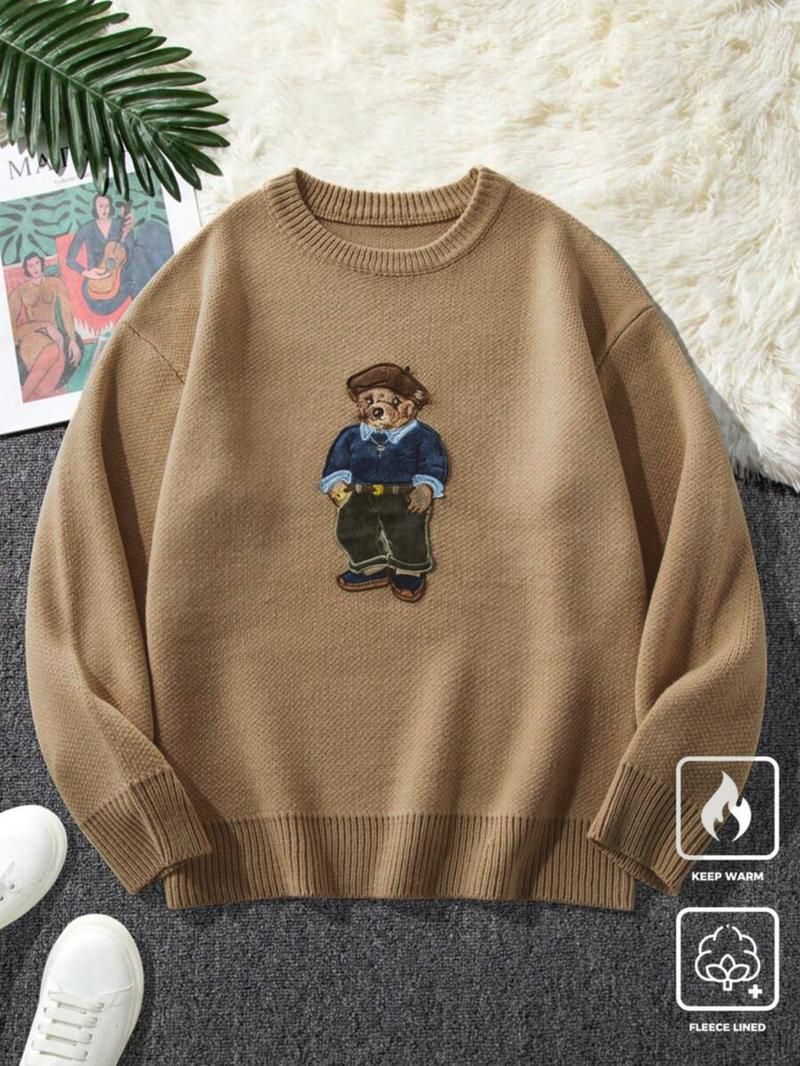 Unisex Cartoon Bear Print Crew Neck Sweater, Casual Loose Long Sleeve Jumper for Fall & Winter, Fashion Ladies' Knitwear for Daily Wear