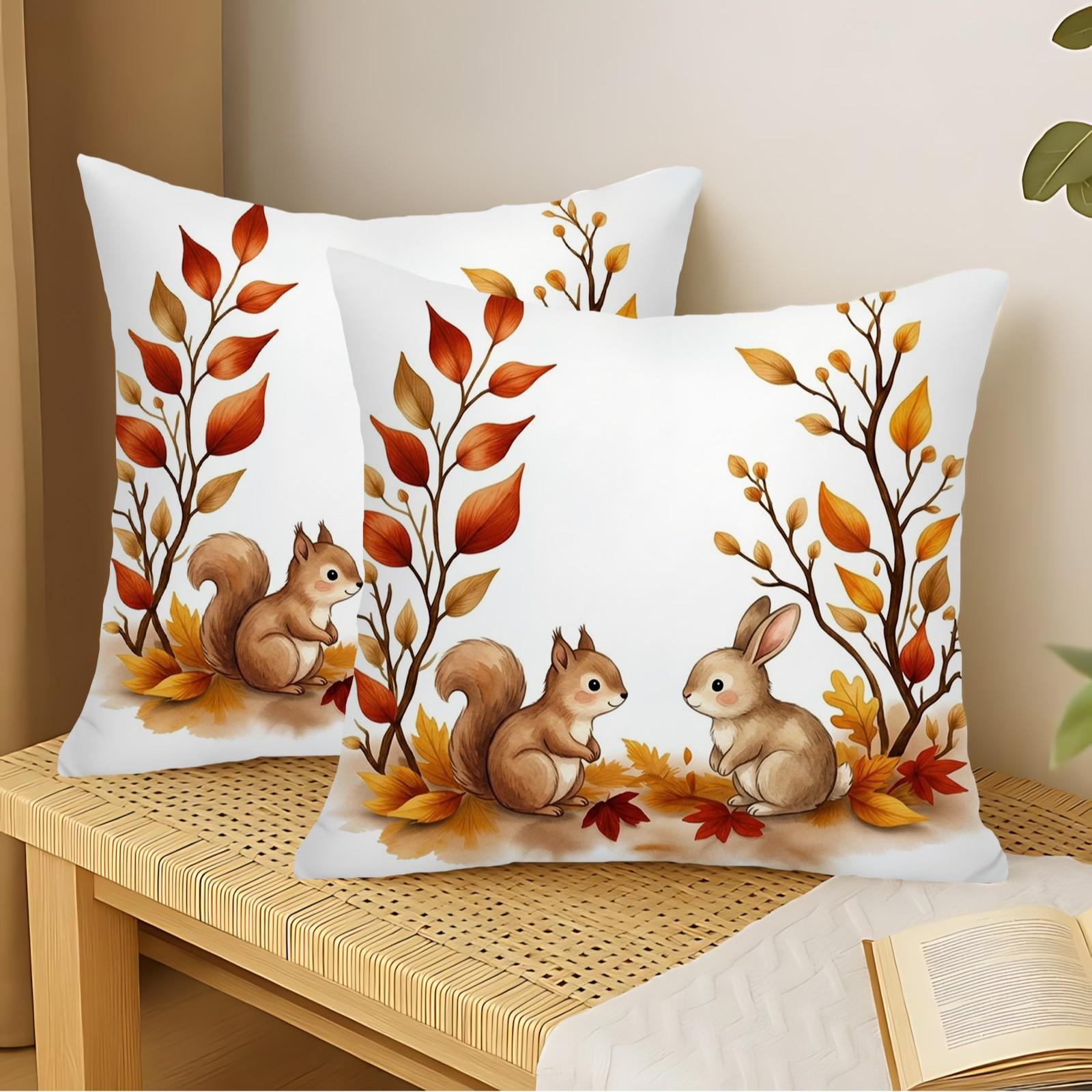Autumn Squirrel & Rabbit Leaves Pillow Cover, Decorative Throw Pillows for Home Decoration, Fall-Themed Bedroom Accessories