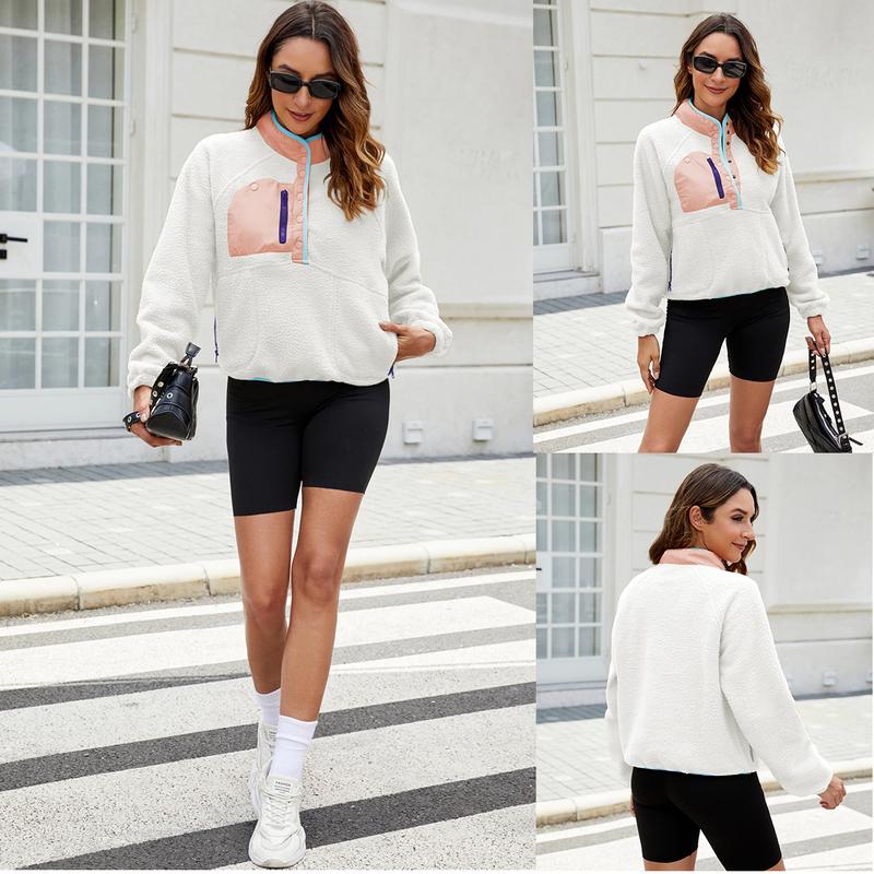 Buenoble Womens Fuzzy Fleece Pullover Sherpa Sweatshirt Long Sleeve Button Down Sweater Winter Fleece Jacket with Pockets