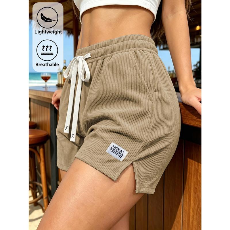 Women's Fitted High-Waisted Corduroy Sports Shorts - Activewear, High-Waisted Butt Scrunch, Sporty, Daily Fit, Mid-Thigh Length, Polyester, Summer Casual, Drawstring, Side Slits, Machine Washable, Slogan Print, Activewear Women's Sports Shorts