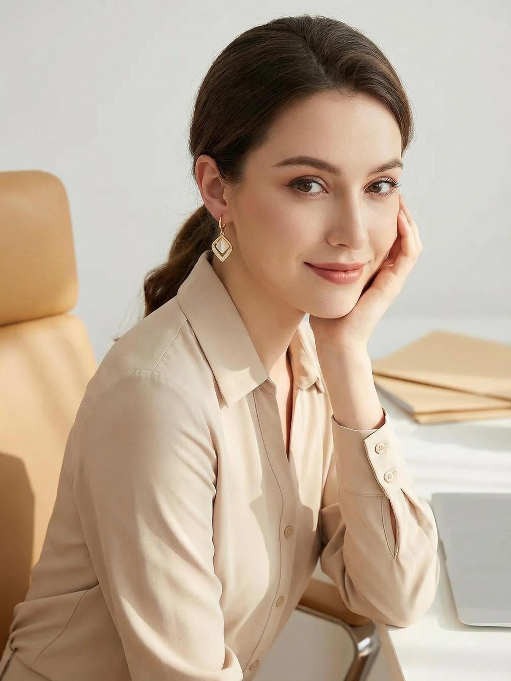 Geometric Rhombus Cat Eye Stone Zircon Earrings, Lightweight Luxury Commuter Jewelry, Versatile Ear Cuffs for All Occasions