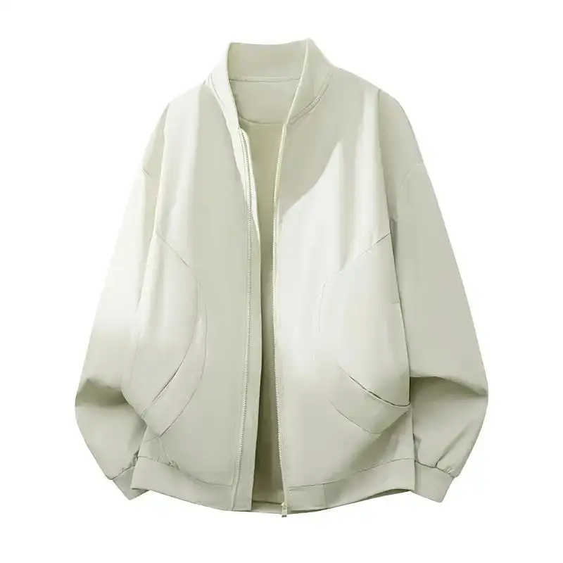 Men's White Baseball-Collar Aviator Jacket - Menswear Coats, Minimalist Solid Slim-Fit Drop-Shoulder, Lightweight Windproof Zip-Up, Spring/Fall Casual Outerwear for Young Commuters, American Basic Style