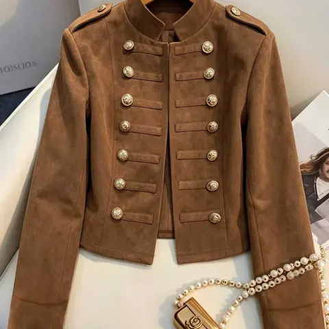 Women's Fall Faux Deer Skin Short Jacket, Stand Collar Double Button Long Sleeve Top, Button Shoulder Decor, Vintage Elegant Open Front Coat