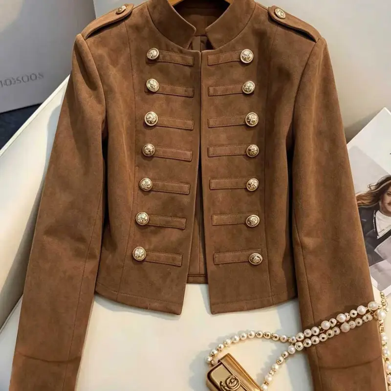 Women's Fall Faux Deer Skin Short Jacket, Stand Collar Double Button Long Sleeve Top, Button Shoulder Decor, Vintage Elegant Open Front Coat