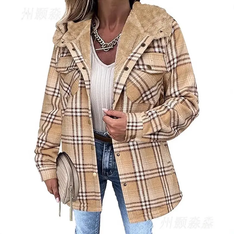 Women’s Plaid Sherpa-Lined Hooded Shacket, Long Sleeve Button Front Shirt Jacket with Flap Chest Pockets, Soft Brushed Check Oversized Layering Coat for Fall Winter, Travel, Weekend, Streetwear & Everyday Wear