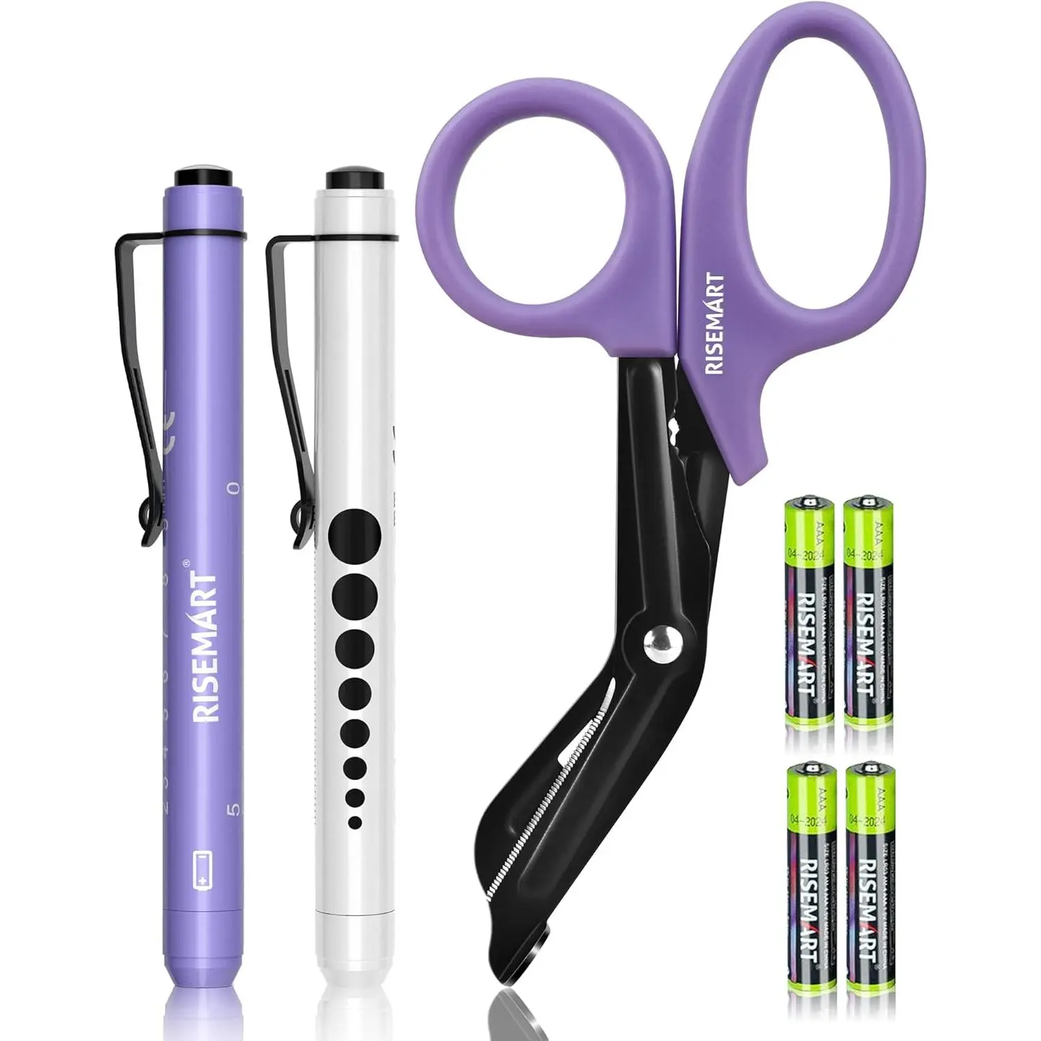 3 Pack Medical Scissor & Pen Lights with 4 Batteries for Nurses | 7.5'' Fluoride Coated Non-stick Blades Bandage Scissors, 2 White Light LED Penlights with Pupil Gauge, 4 AAA Batteries