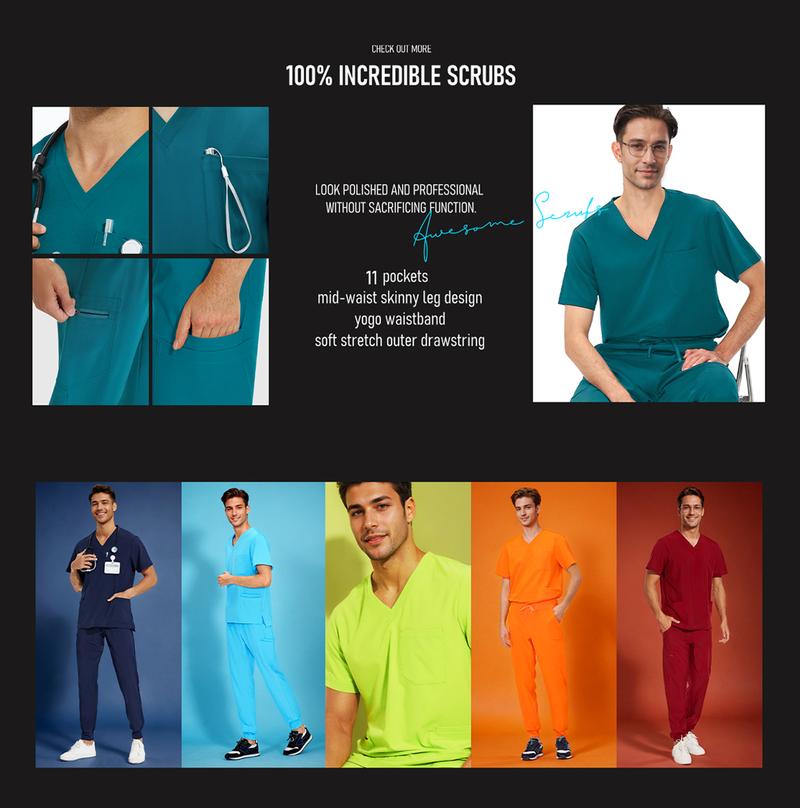 COZYFIT Scrubs for Men - 4 Pockets V-Neck Scrub Top and 7 Pockets Jogger Pants Mens Scrubs Set