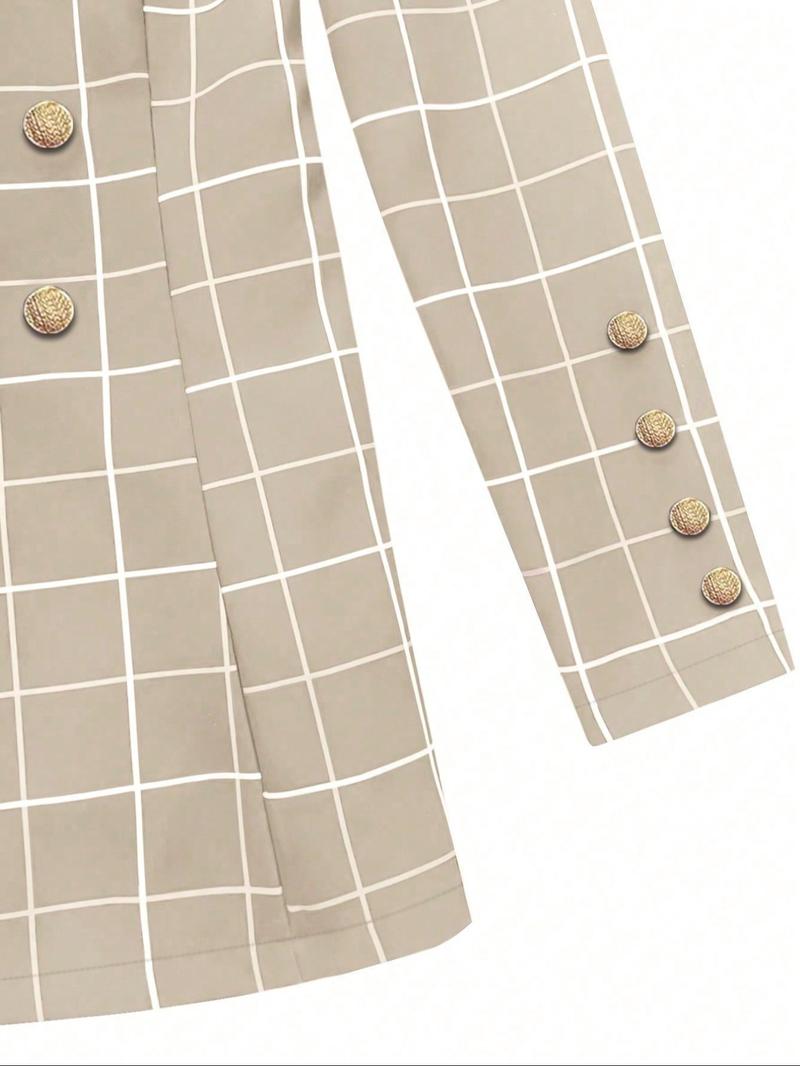 Women's Plaid Gold Button Casual Blazer Jacket, Elegant Simple Design, Office Party Autumn Winter Wear, Fitted Woven Fabric Women's Plaid Gold Button Casual Blazer Jacket, Elegant Simple Design, Office Party Autumn Winter Wear, Fitted Woven Fabric