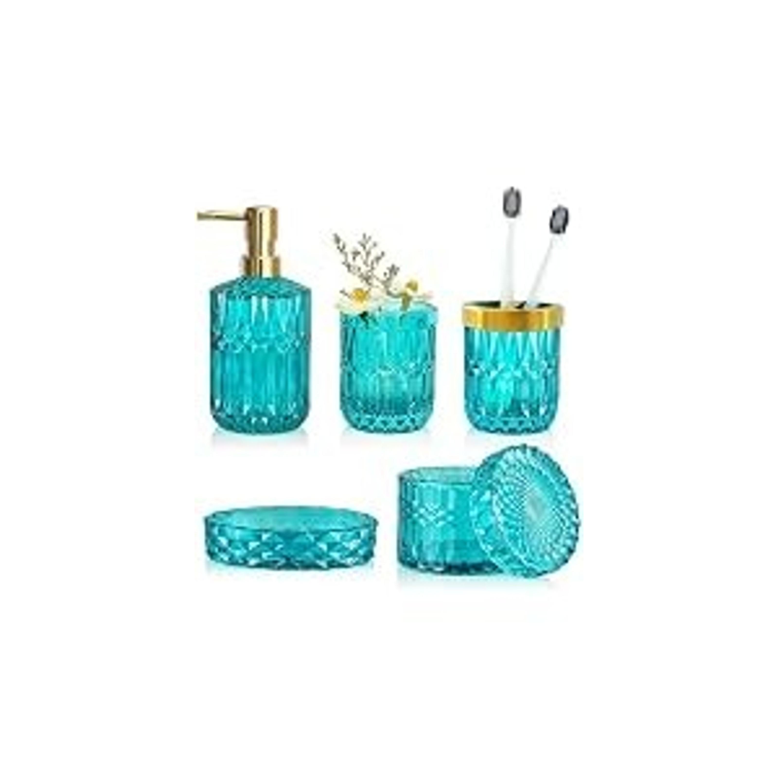 Green Bathroom Accessories Set, 6 Pcs Clear Glass Bathroom Set, Soap Dispenser, Soap Dish, Toothbrush Holder, Tumbler, Q-Tips Holder for Vintage Crystal Bathroom Decor, Gift Set