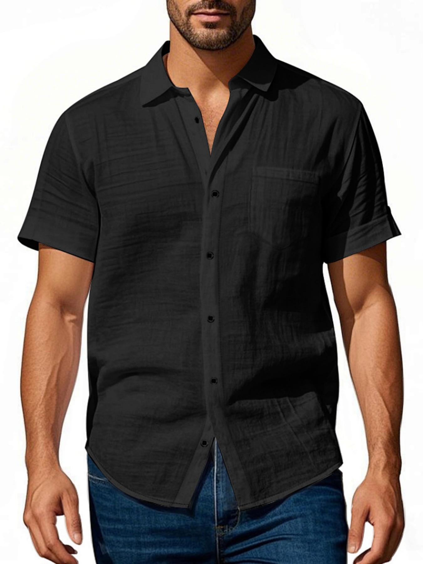 American Style Men's Hawaiian Linen Breathable Henley Neck Casual Short Sleeve Shirt, Summer Fashion, Comfortable and Stylish