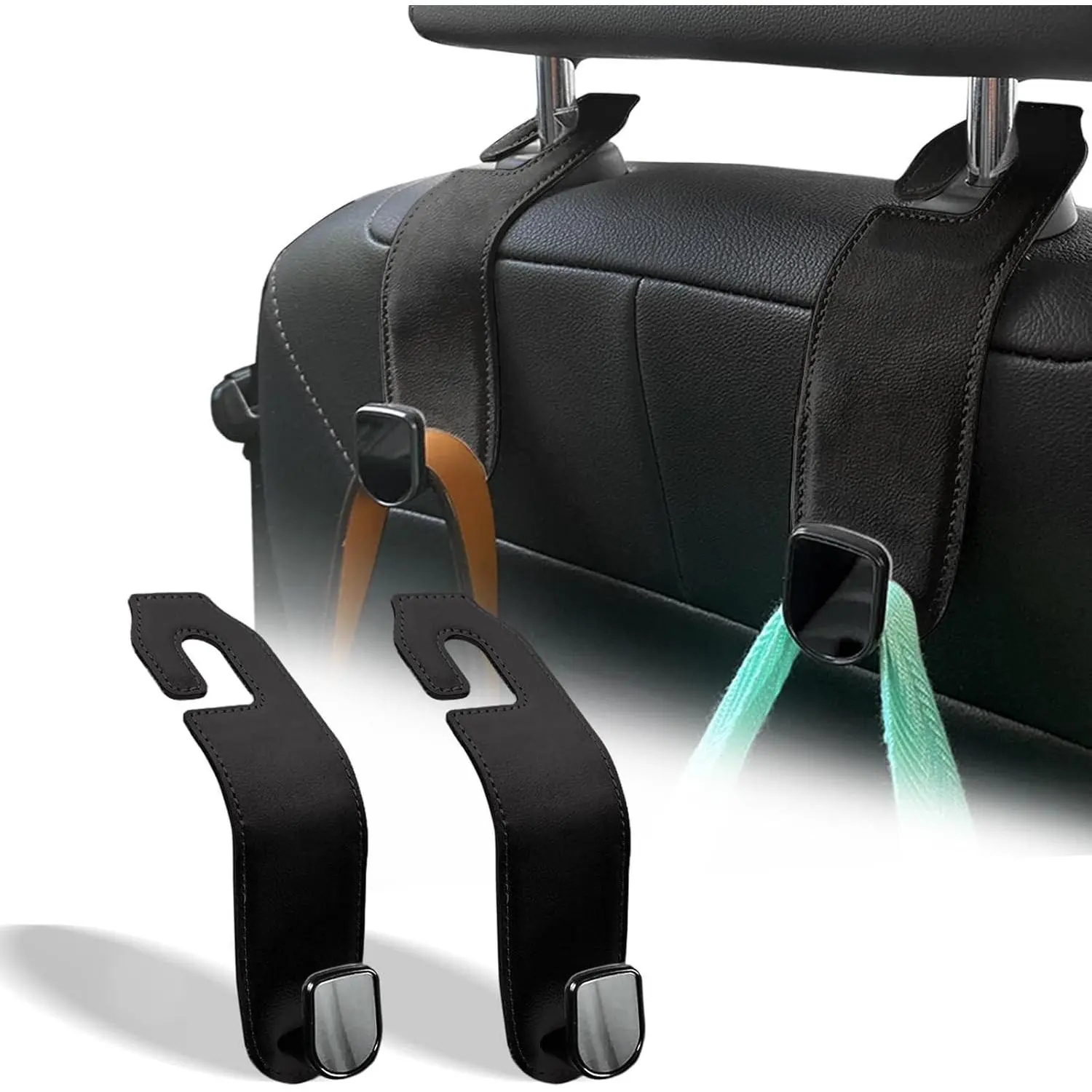 Car Seat Headrest Hook, 2 Pack Leather Hooks Holder Hanger for Purses, Bags and Groceries Organization Accessories, Black