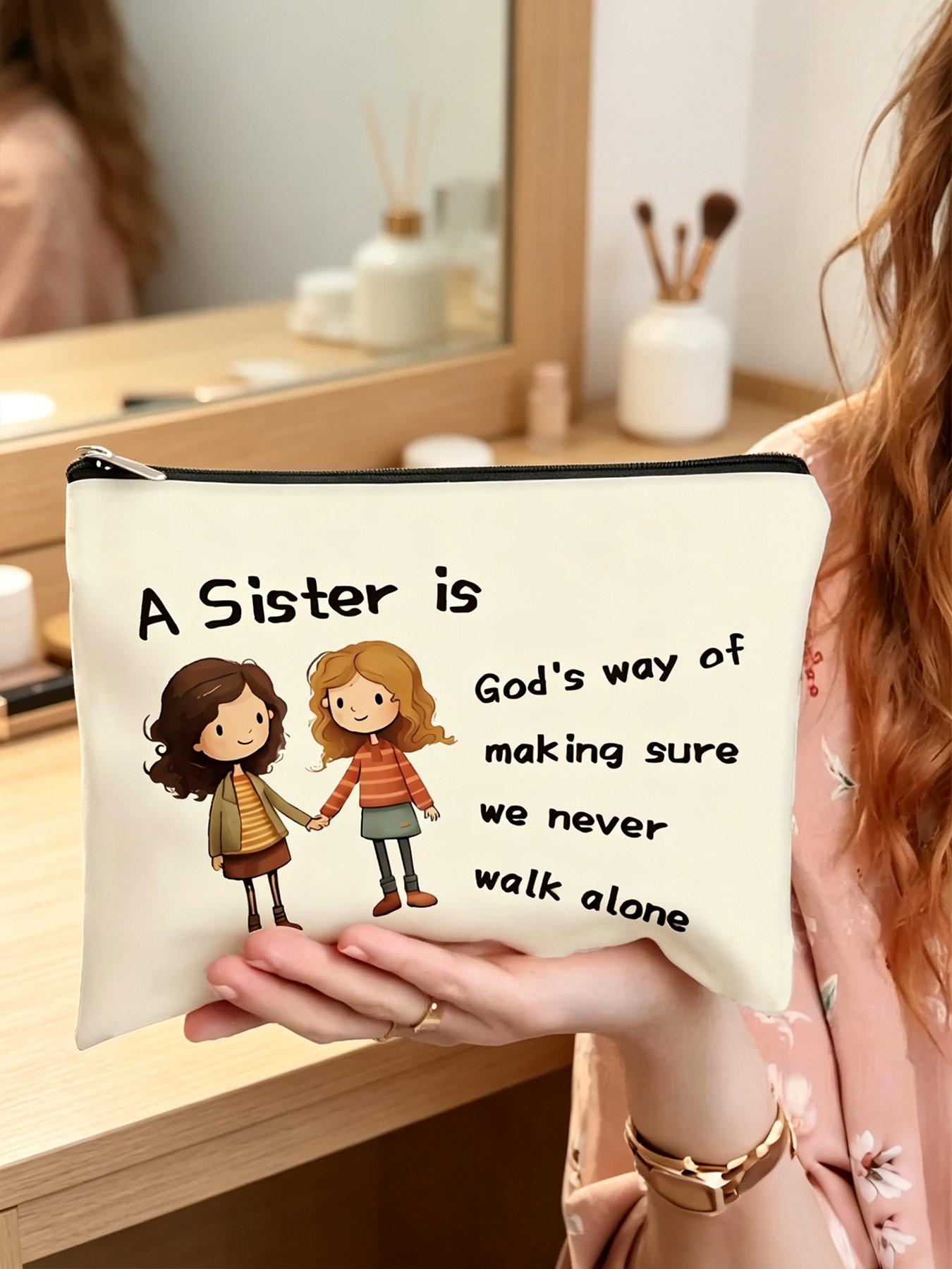 Warm Friend Theme Canvas Makeup Bag, Cartoon Sister Illustration, Zipper, Durable Fabric, Ideal for Daily Use and Travel Gifts