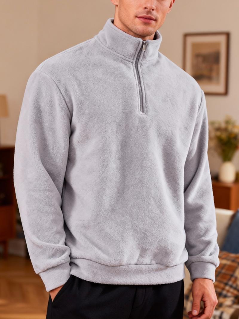 Men's Fall Winter Outfits Plain Polar Fleece Stand Collar Half Zip Pullover Long Sleeve Sweatshirt for Daliy Wear, Old Money Style Casual Versatile Essential Wardrobe Item.